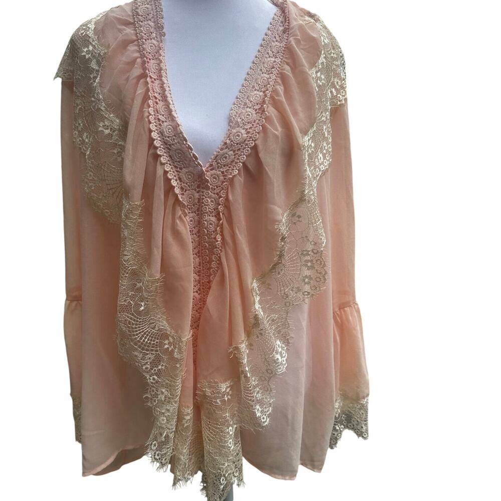 Venus Large Pink Peach Lace Ruffled Sheer Romantic Coquette Cottagecore Blouse